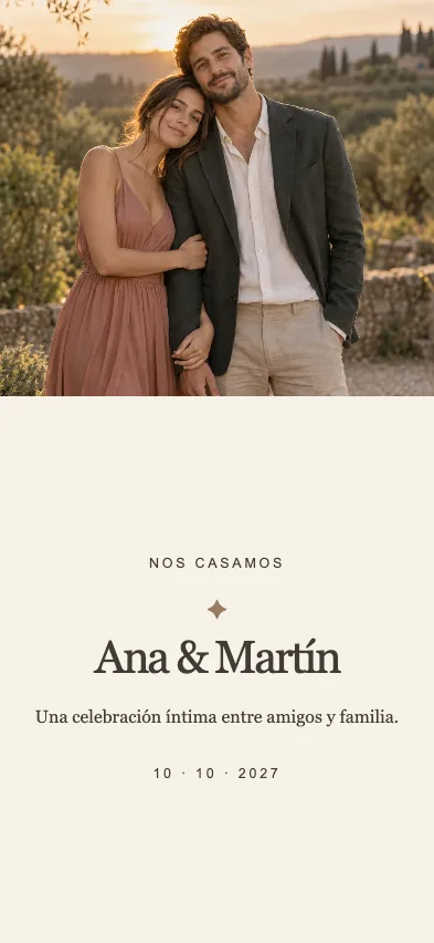 Primera pantalla de la invitación Wedding Editorial