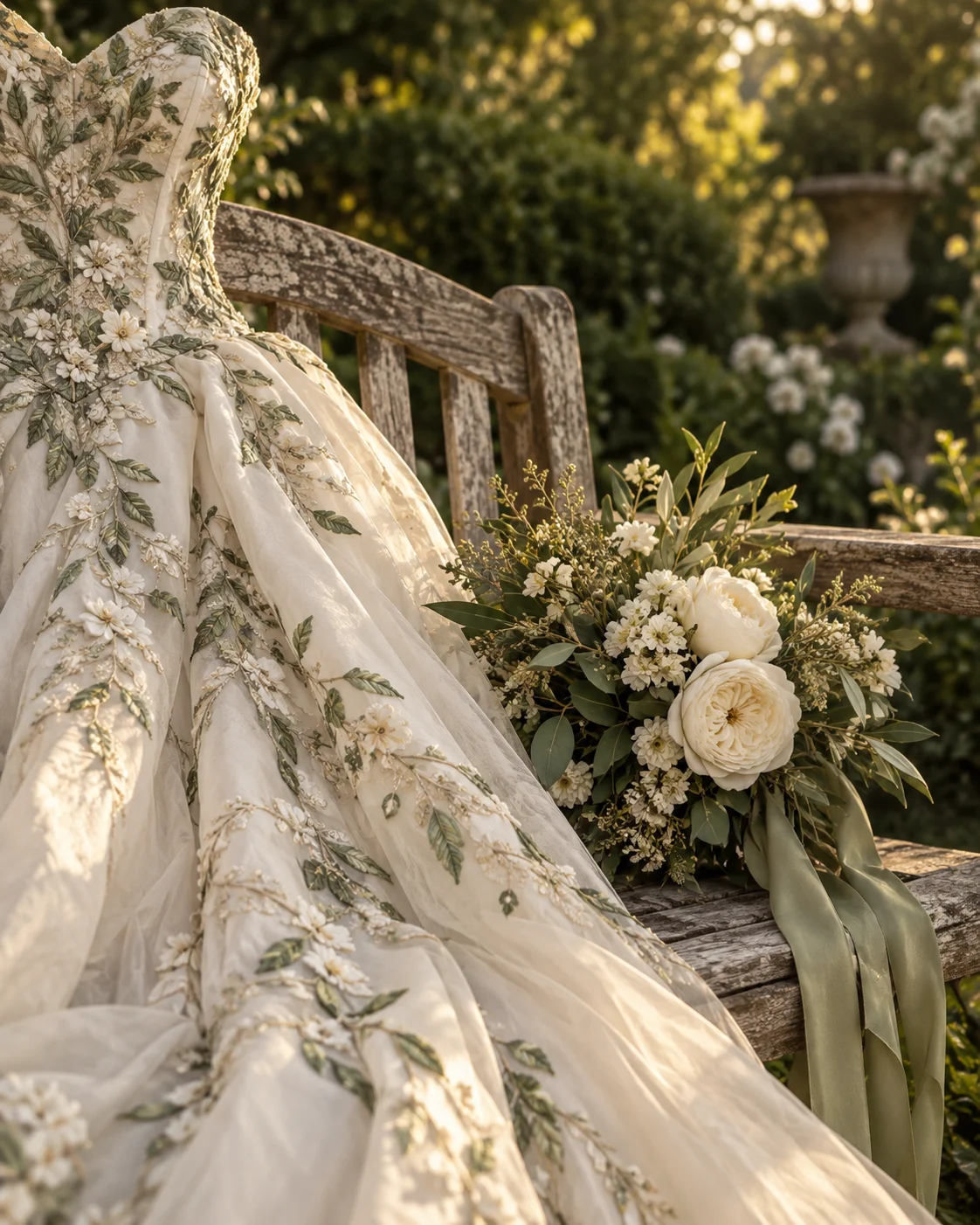 Detalle del vestido bordado y un ramo de flores blancas sobre un banco de jardín