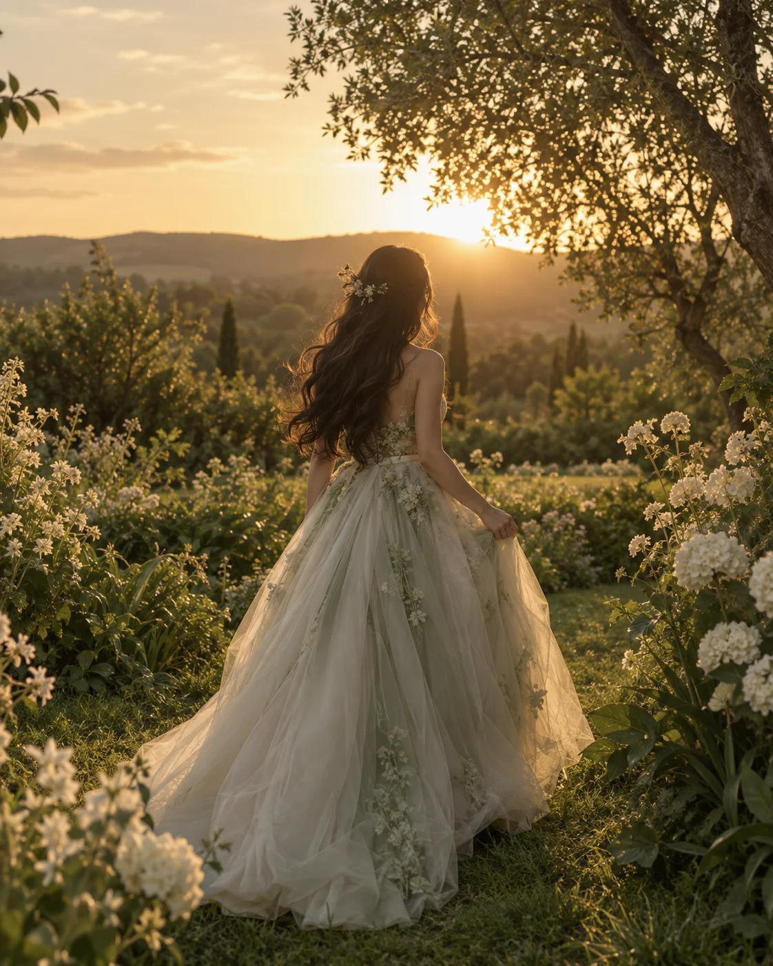 Tania camina entre flores al atardecer con un vestido verde salvia