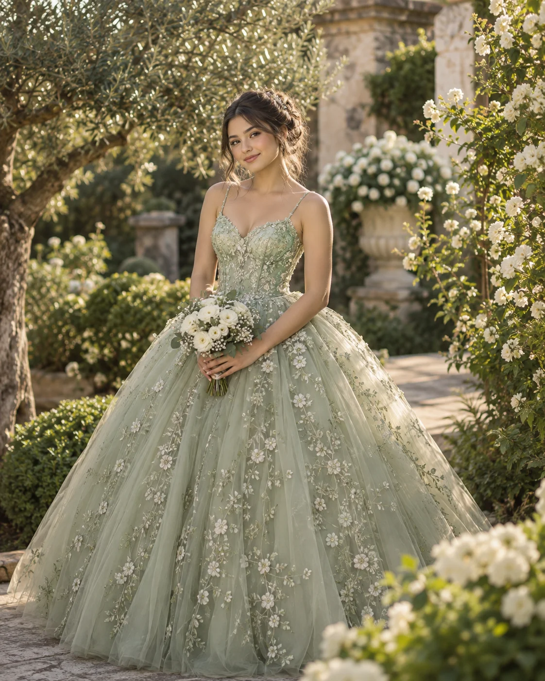 Tania con un vestido verde salvia y un ramo de flores blancas en un jardín