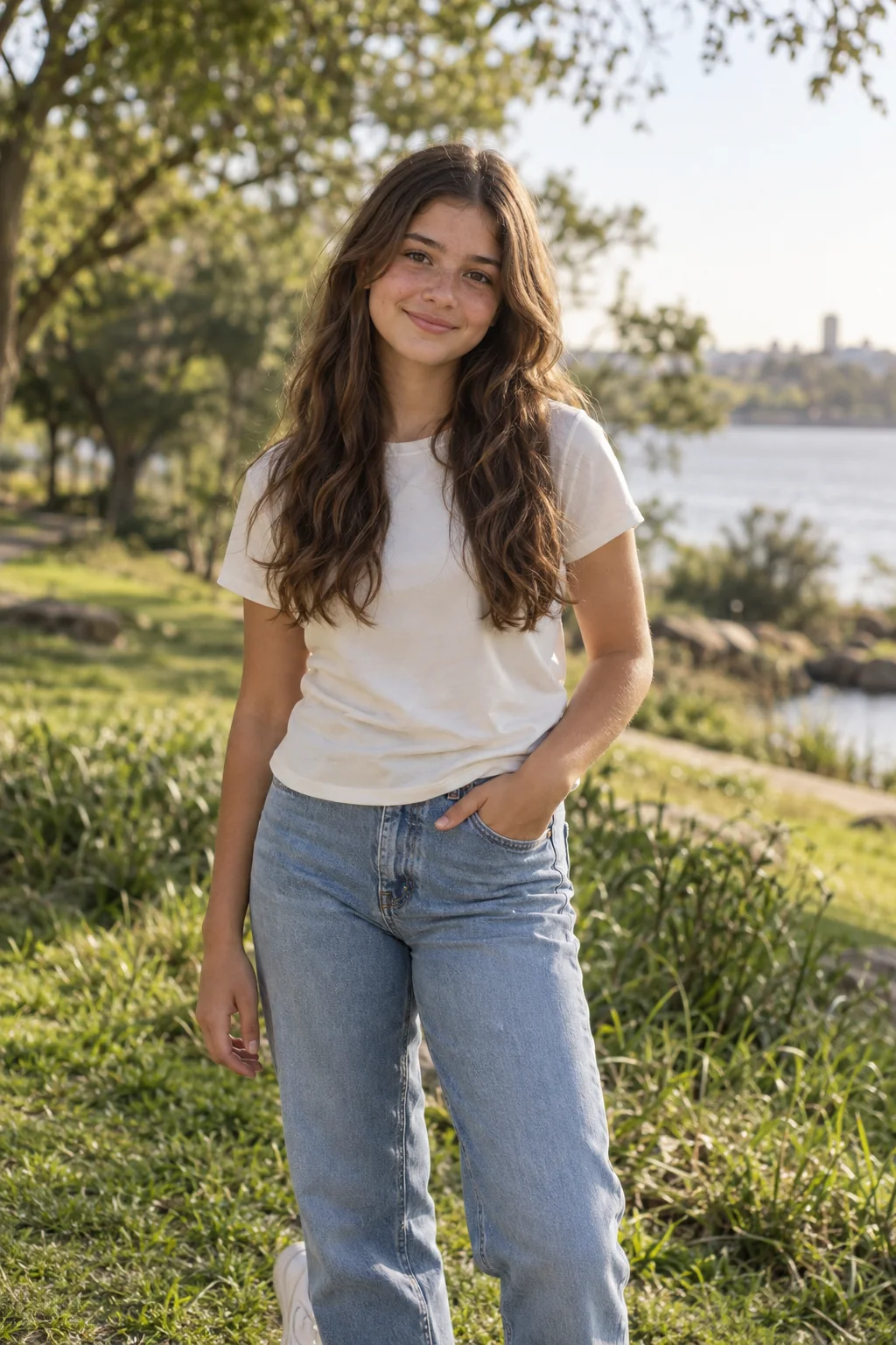 Emilia sonríe al aire libre con una camiseta marfil y jeans, en su sesión de fotos previa a los quince