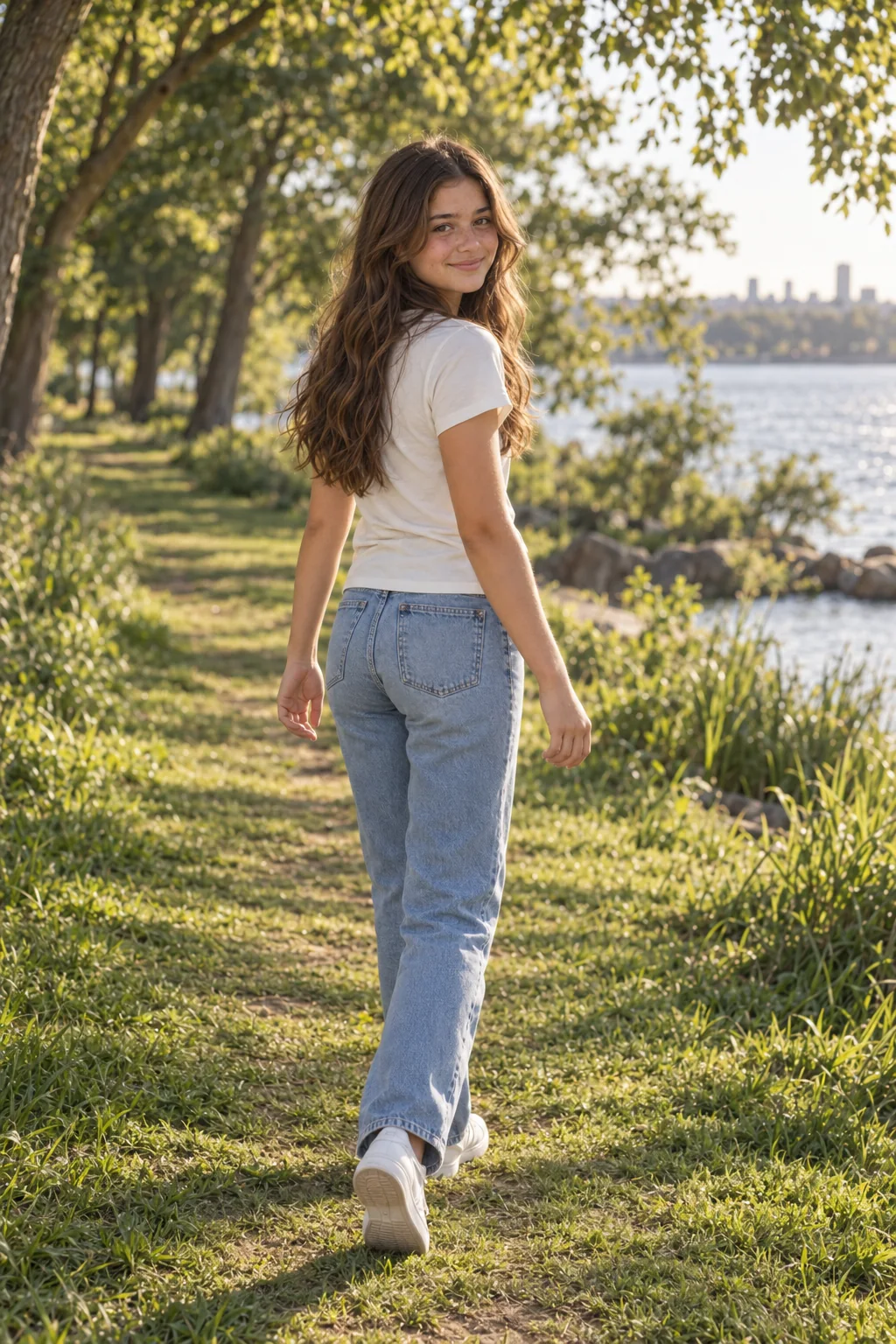 Emilia camina por un sendero arbolado durante su sesión de fotos al aire libre