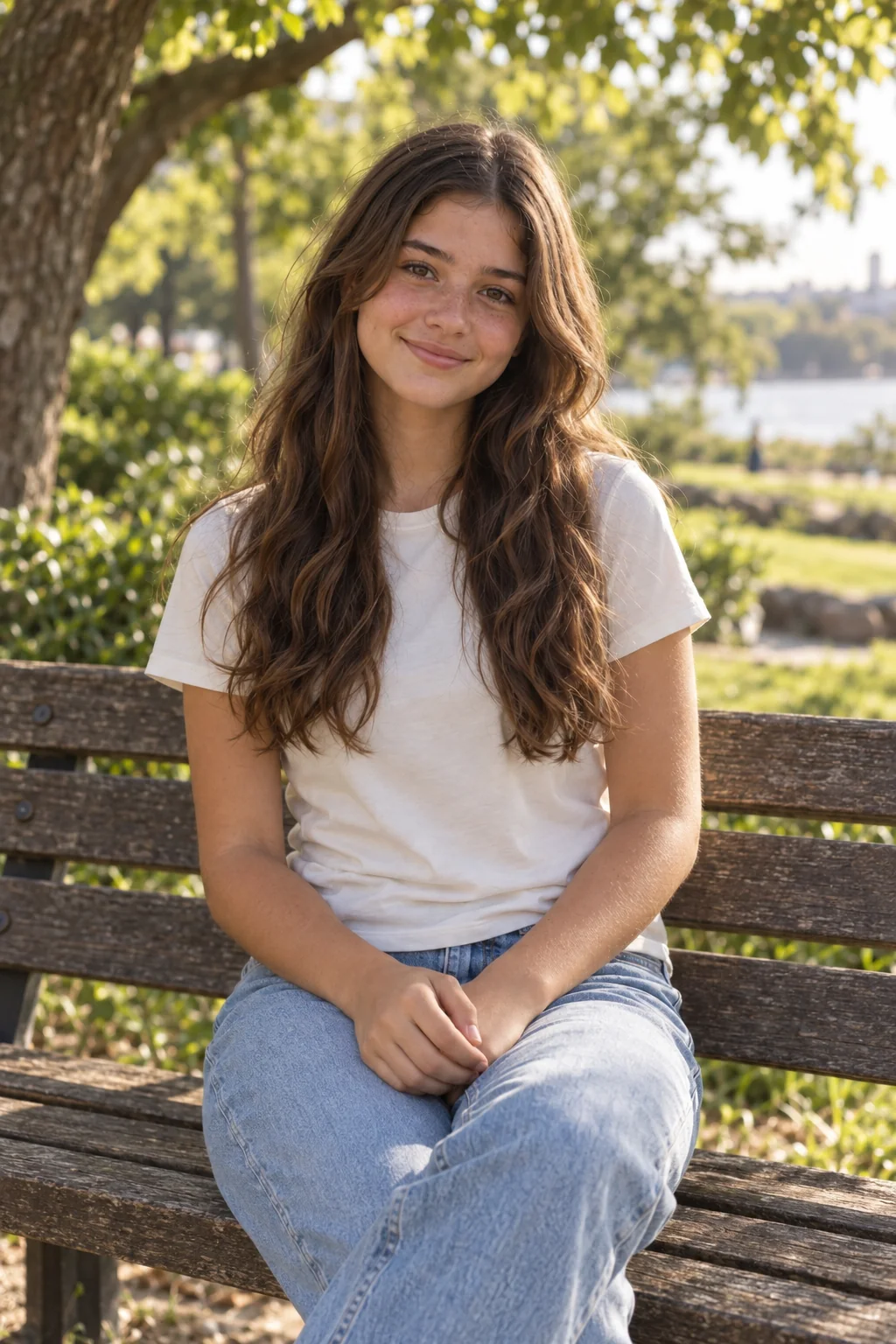 Emilia sentada en un banco del parque, con camiseta marfil y jeans