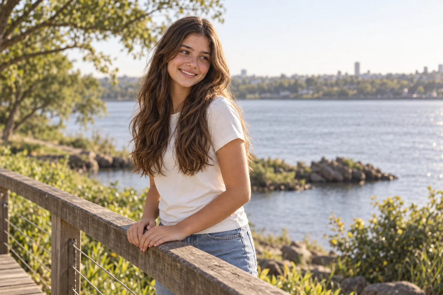 Emilia junto a una baranda a orillas del río durante su sesión de fotos