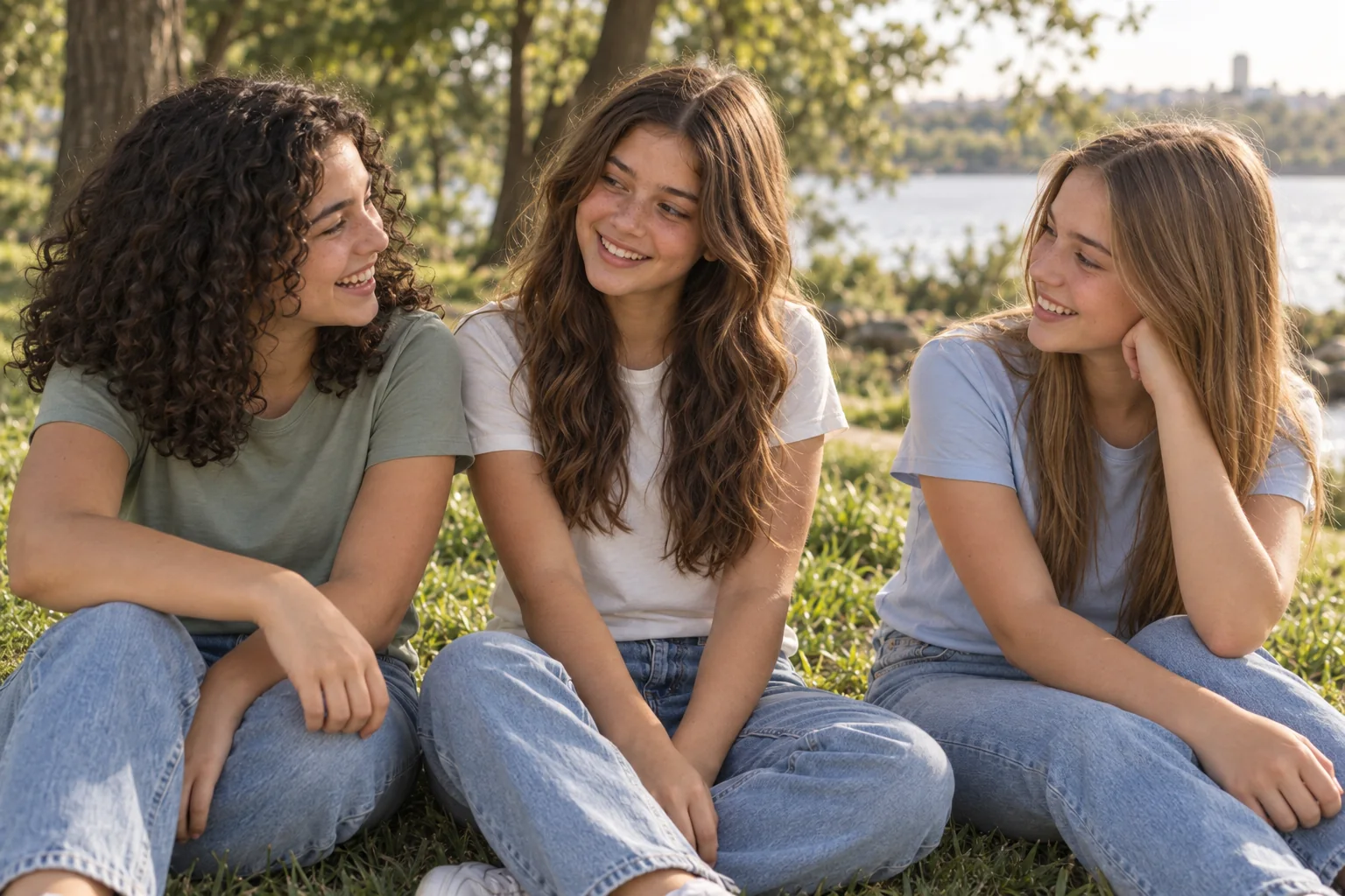 Emilia y sus amigas se ríen juntas durante la sesión de fotos al aire libre