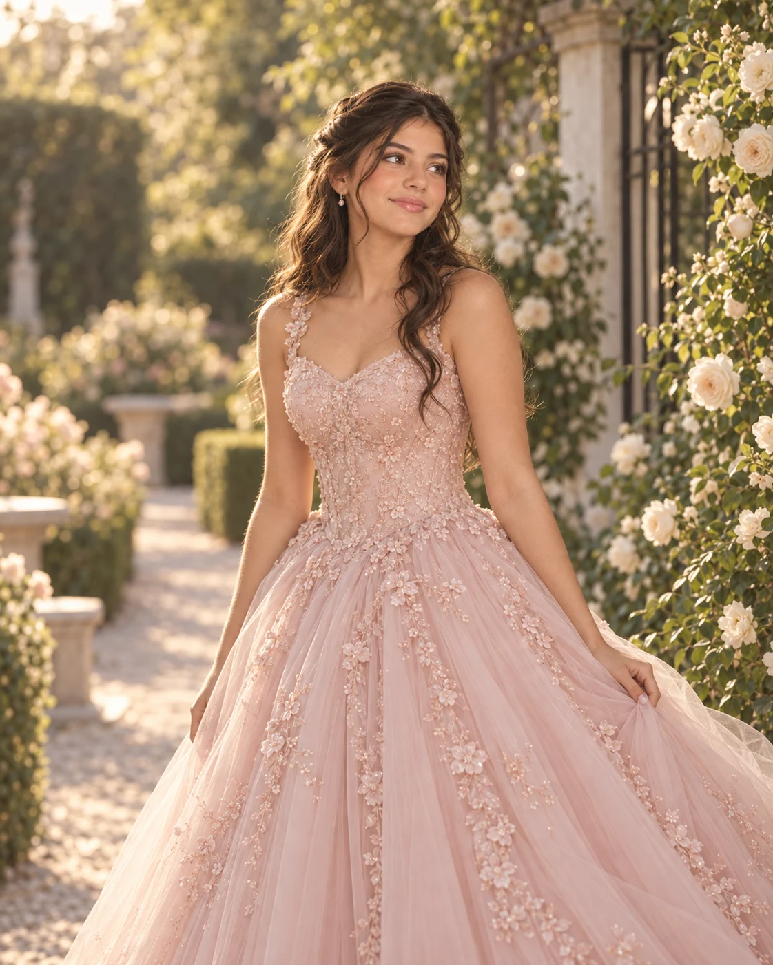 Emilia de pie con un vestido rosa bordado en un jardín de rosas claras