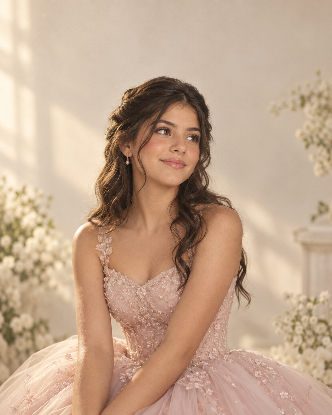 Emilia sonríe junto a flores rosadas