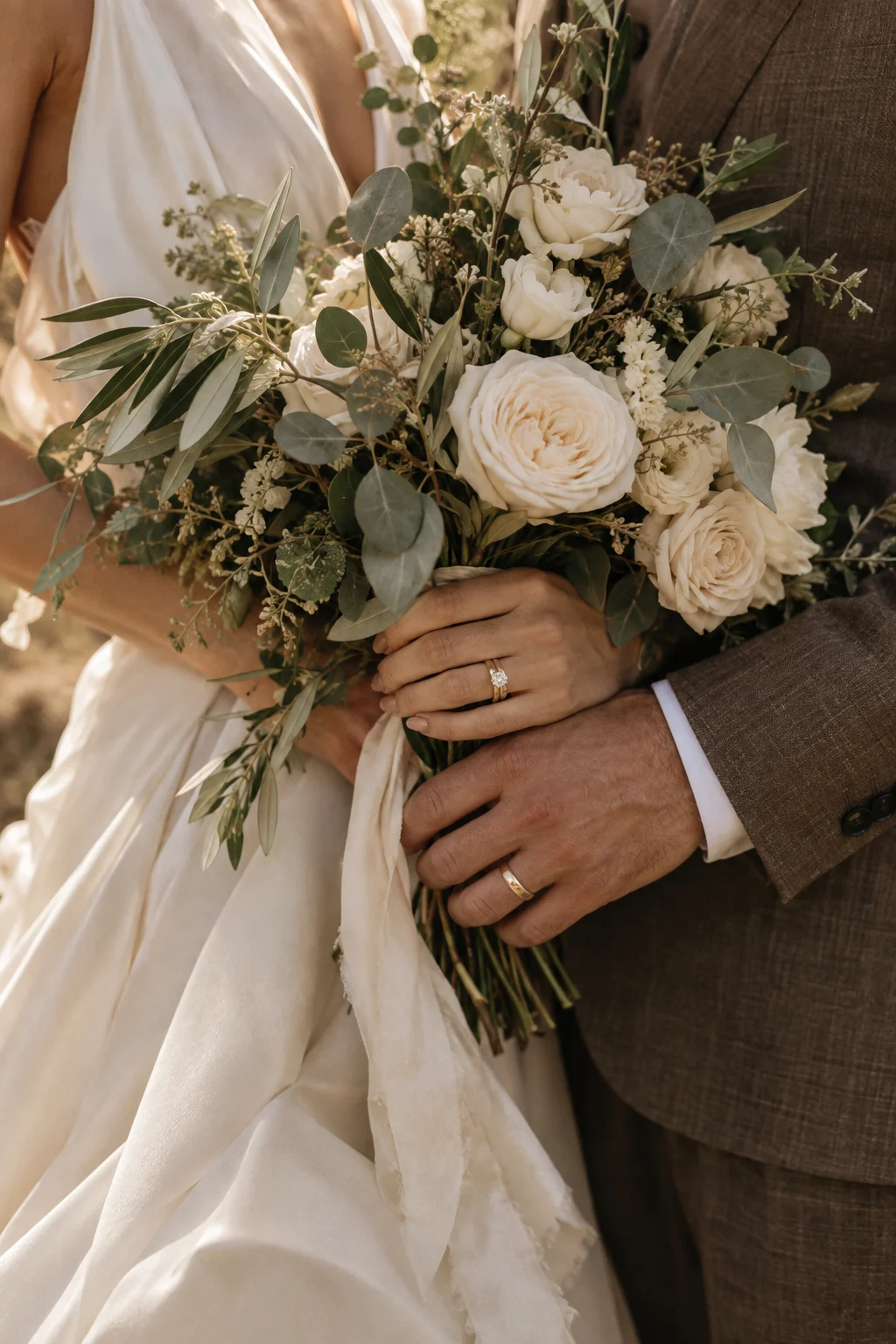 Ramo de rosas blancas sostenido por una pareja