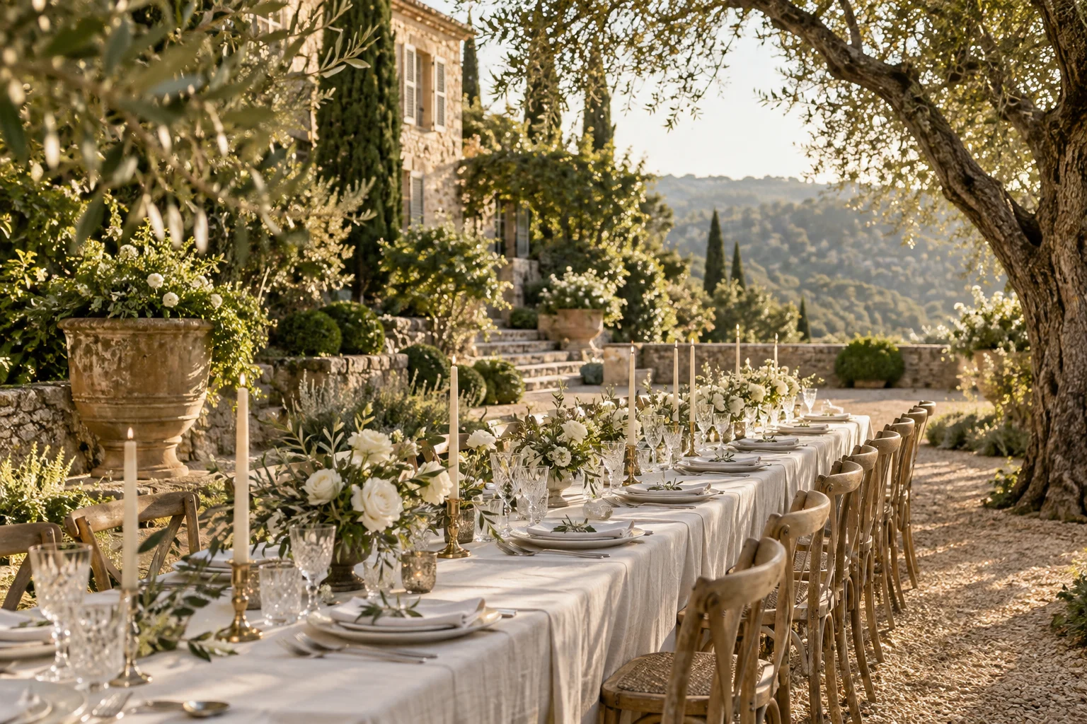 Mesa de celebración con flores bajo los árboles